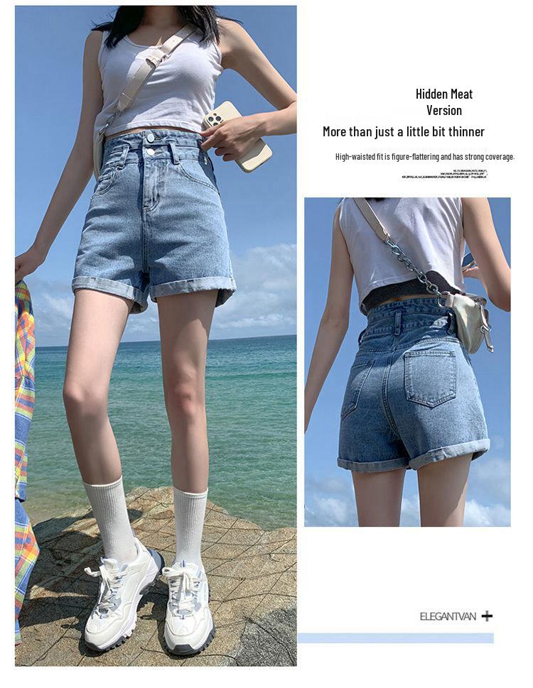 Women's High Waist A-Line Denim Shorts - Summer Straight Leg, Double Button, Loose Fit with Rolled Hem, Trendy Wide Leg Design
