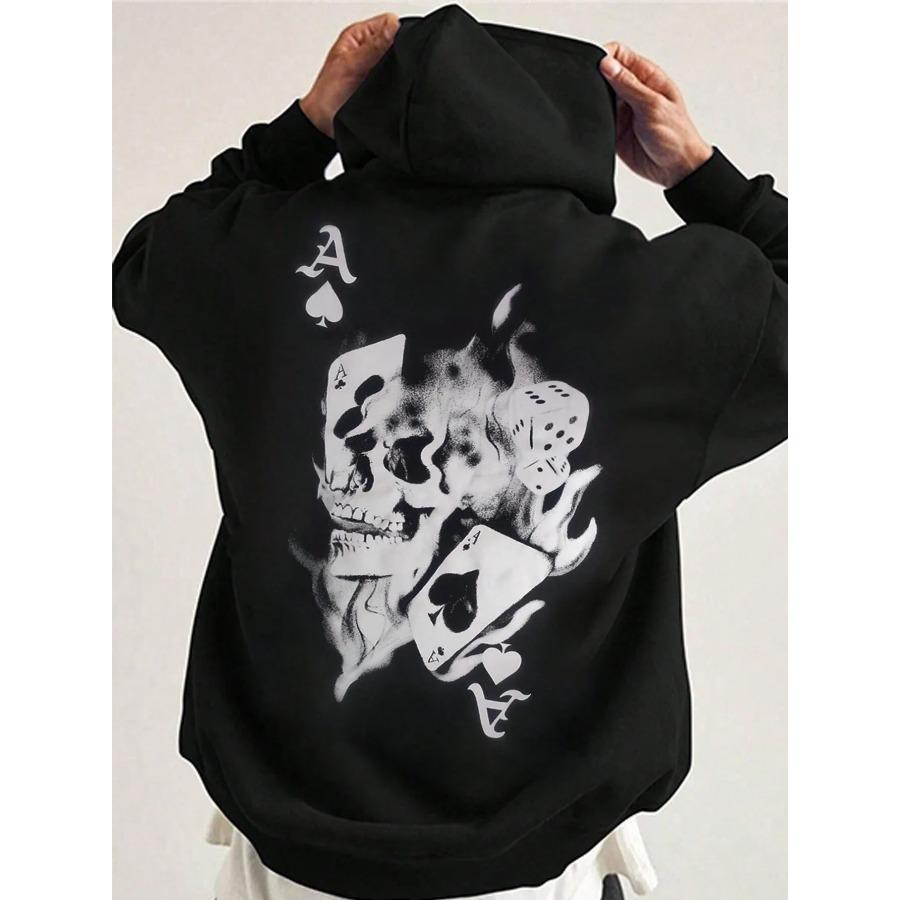 

Men s Street Style Fleece Loose Size Comfortable Skulls&Poker Cards Print Casual Sports Round Neck Short Sleeve Hoodies XXL чорний