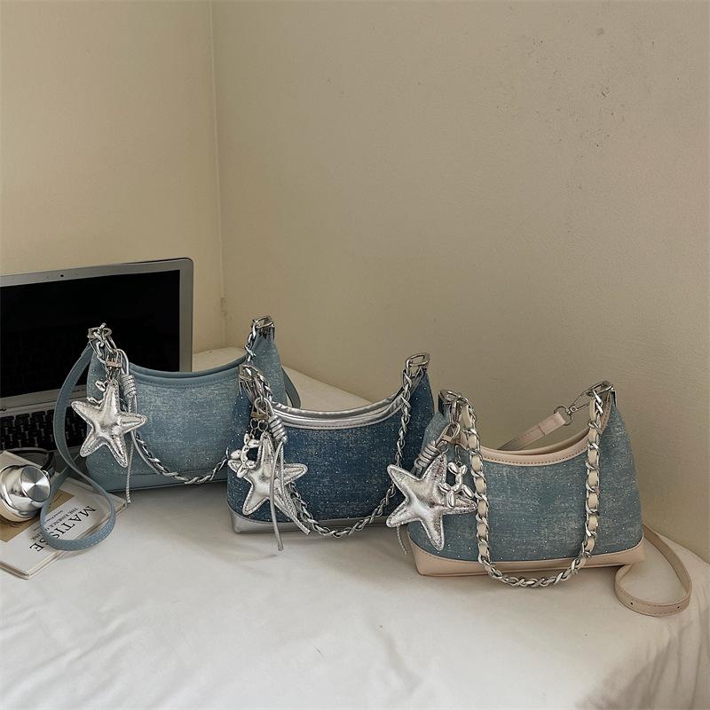 Fashion Denim Shoulder Bag for Women 2024 New Korean Style Crossbody Bag with Chain Cute Versatile Top-Handle Purse