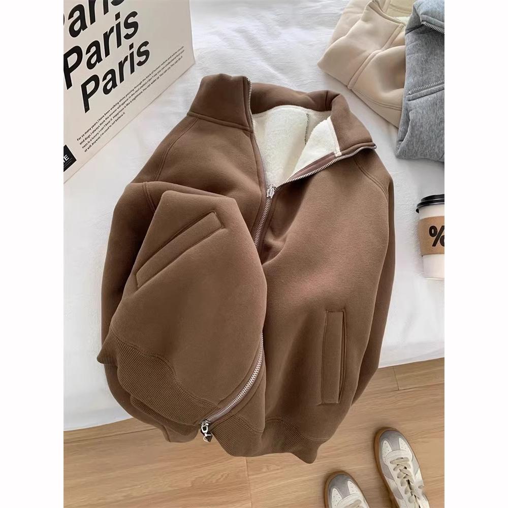 Veste Sweat-shirt en Velours Épais Col Zippé Chaud Décontracté Automne Hiver Style Coréen Navette Polyvalent Femme