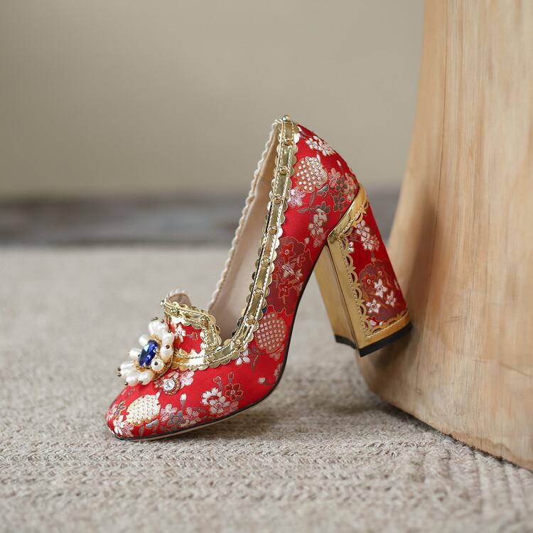 

Fashion Luxury Pearl Rhinestone High Heel Shoes Retro Flowers 9.5cm Heel Wedding Bride Single Shoes 34-43 Size Spring Autumn Women Shoes 34