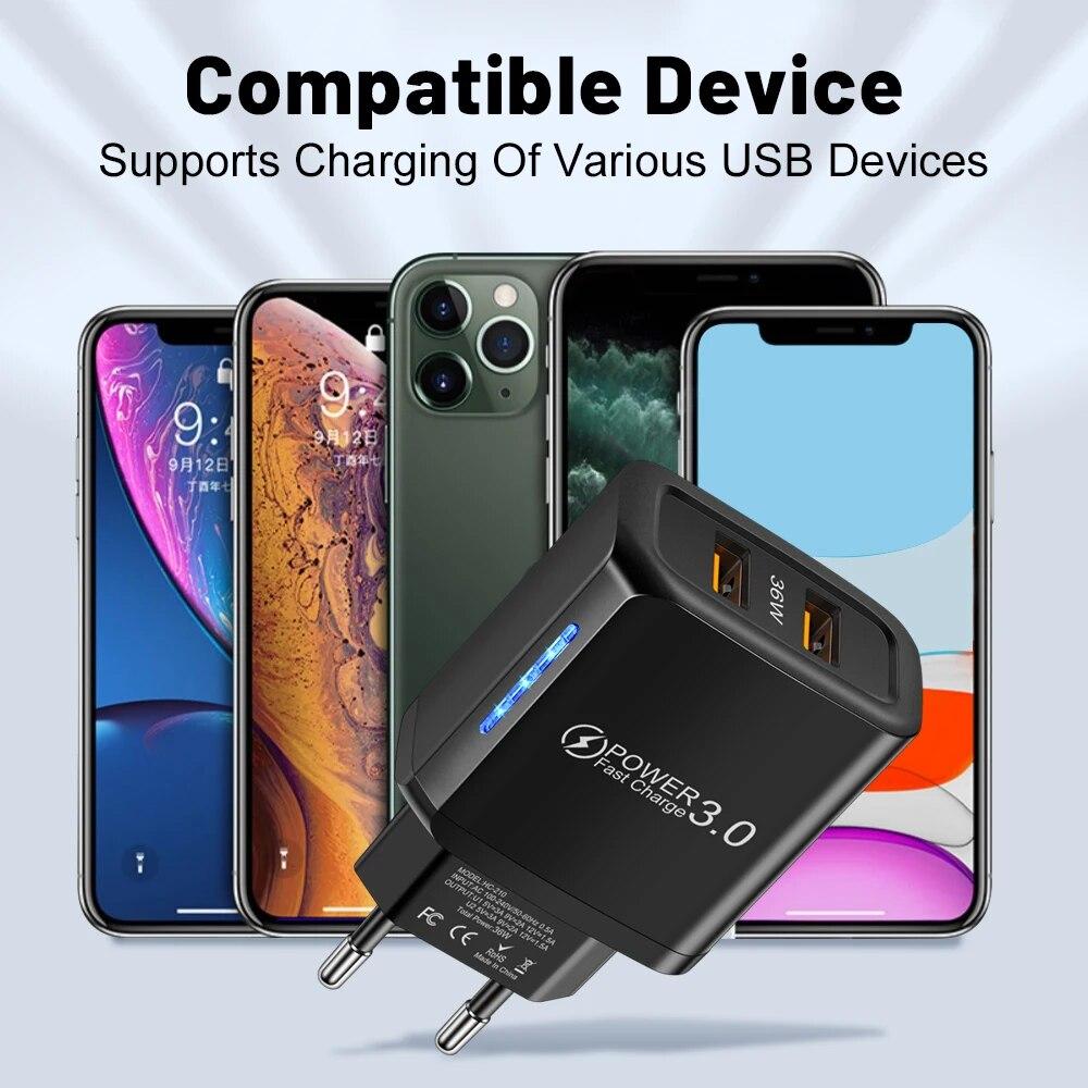 2 Ports 36W USB Mobile Phone Charger Quick 3.0 Wall Fast Charging Adapter For iPhone Xiaomi Samsung