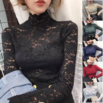 Yarı Yüksek Yaka Uzun Kollu Transparan Sonbahar Üstü İnce Dantel Tığ İşi Patchwork İçi Boş Tişört Üstü Sokak Giyim