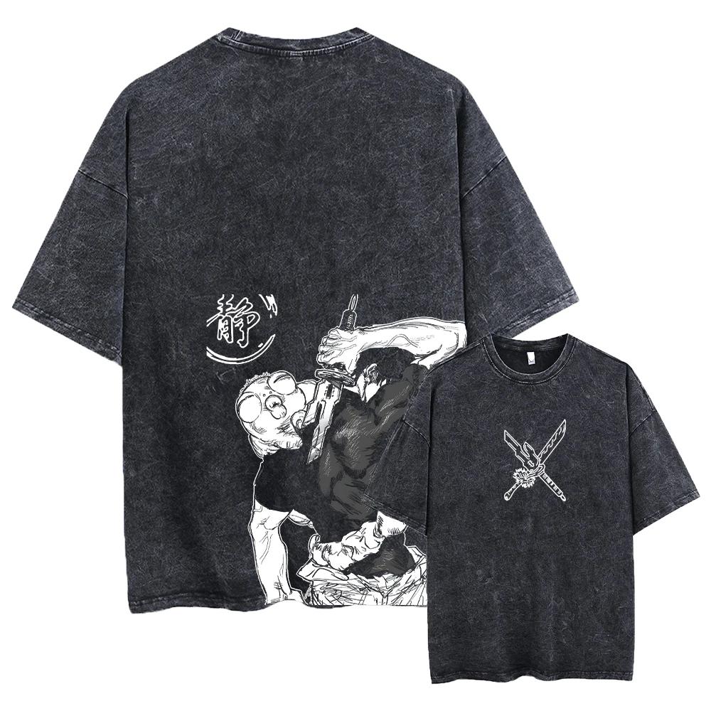 Men and Women Anime Printed Washed Short Sleeve Retro Sports Fitness Short Sleeve Loose Large Size