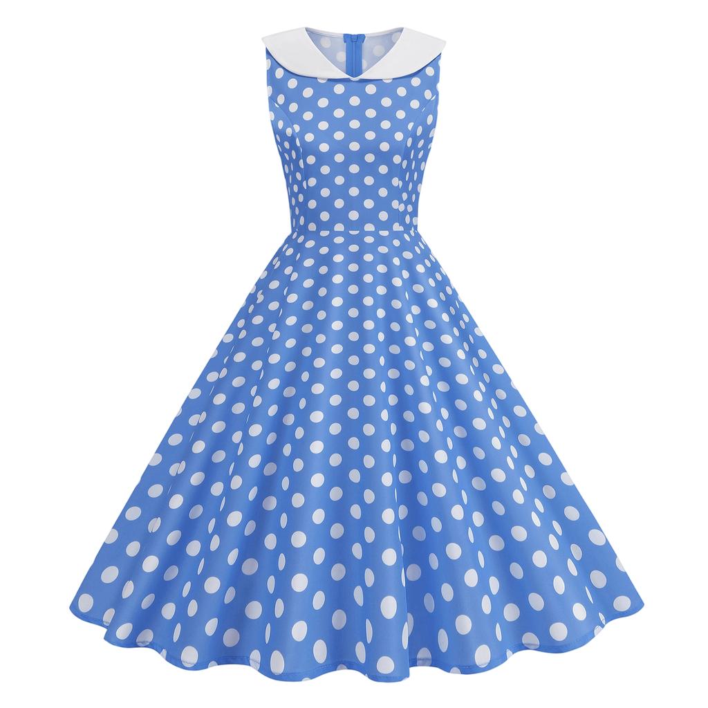 Women's Sleeveless Retro Polka Dot Dress with Collar