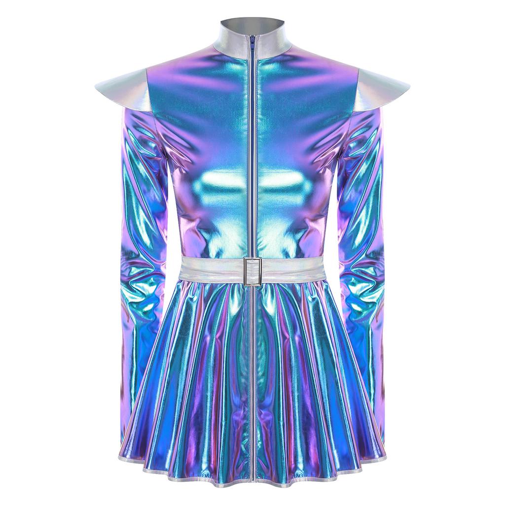 Womens Alien Costume Long Sleeves Front Zip A Line Dress Belt Design Shiny Metallic Outer Space Robot Costume