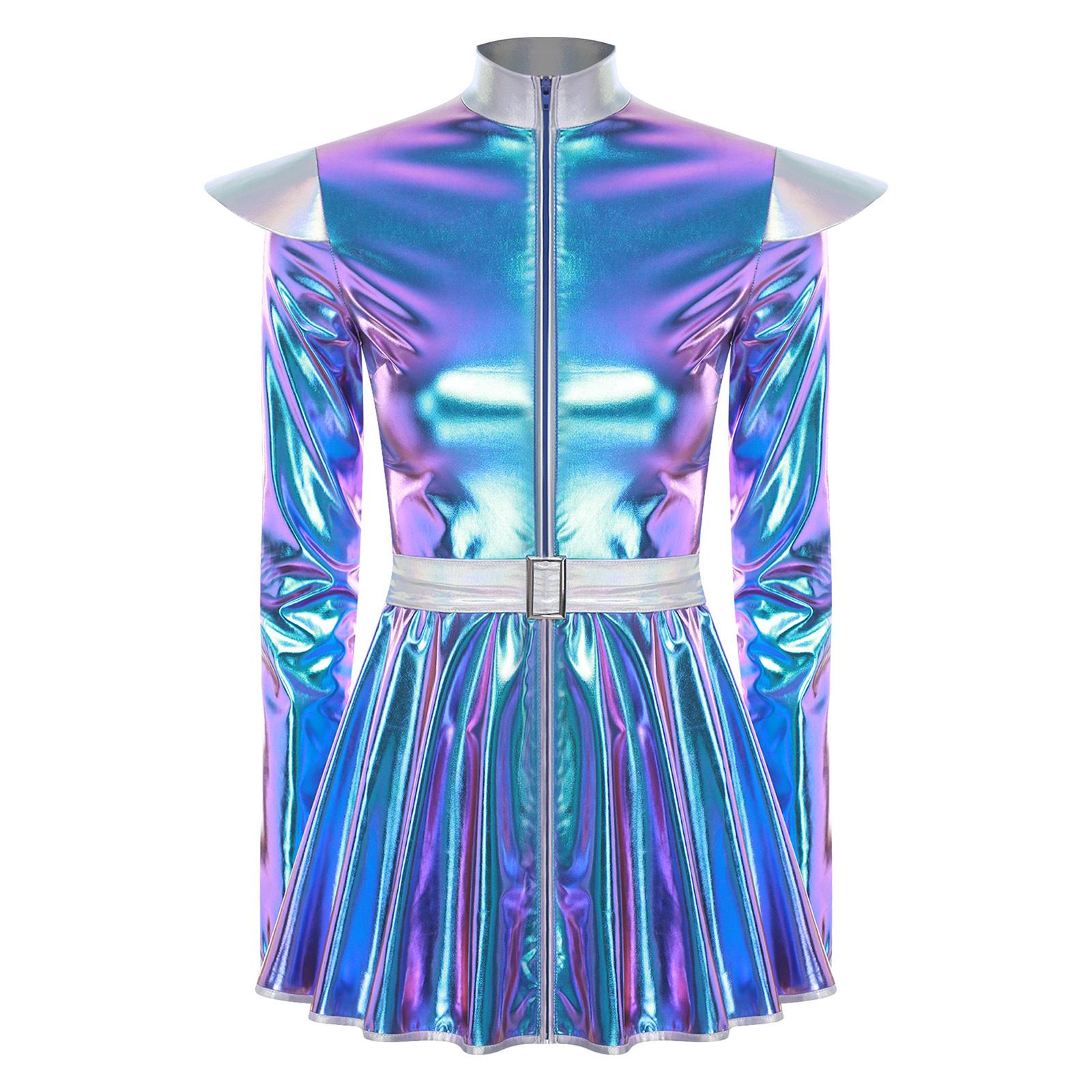 

Жіночий костюм інопланетянки з довгими рукавами, сукня А-силуету із застібкою спереду, дизайн з поясом, блискучий металік, костюм робота з космосу XL синій