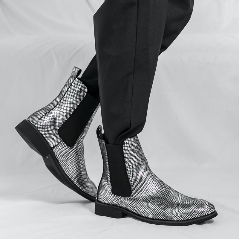 Męskie Złote Botki Chelsea Botki Motocyklowe Retro Street Style Srebrne Buty Wizytowe Smokingowe Ślubne Buty Męskie Botki do Kostki Duży Rozmiar