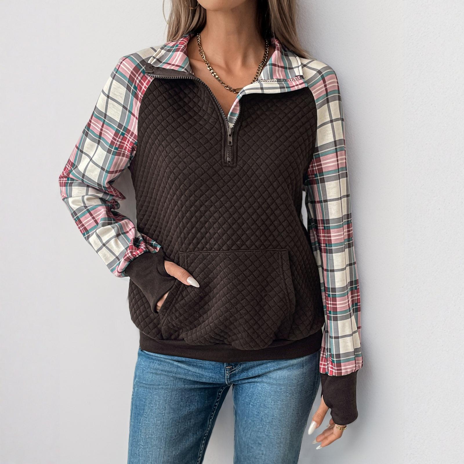 

Женский повседневный и модный лоскутный топ с ромбовидным узором, длинным рукавом и V-образным вырезом S коричневый