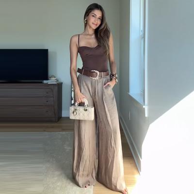 Damen Gerade Hose Einfarbig Hohe Taille Taschen Weites Bein Lange Hose Weiblich 2025 Frühling Dame Vintage High Street Kleidung