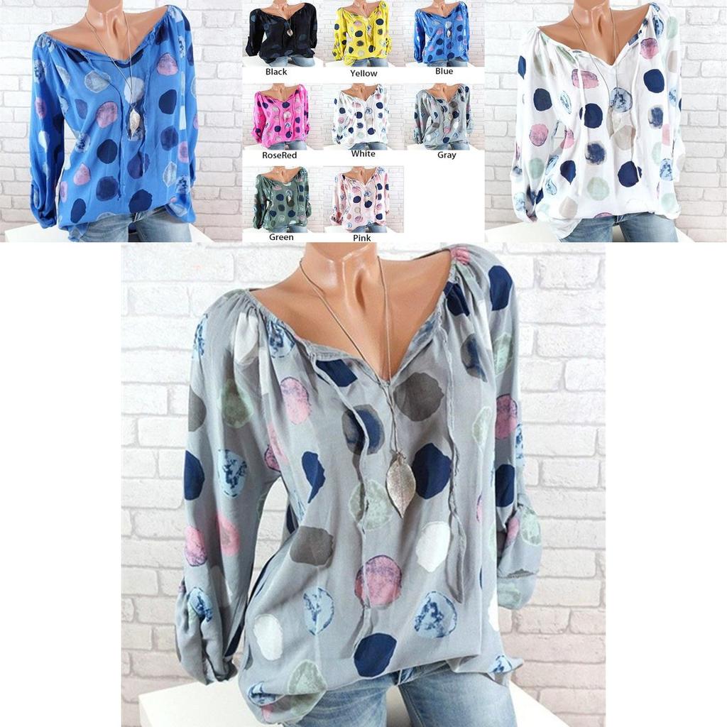 Elegant Women Summer Fashion Long Sleeve Blouse V-neck Stylish Dot Printed Shirts Tops