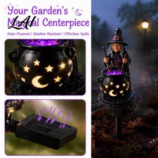 Festive Patio Illumination Solar Witch Statue with Glowing Cauldron Outdoor Halloween Garden Light Waterproof Lawn Sculpture Resin Decorative