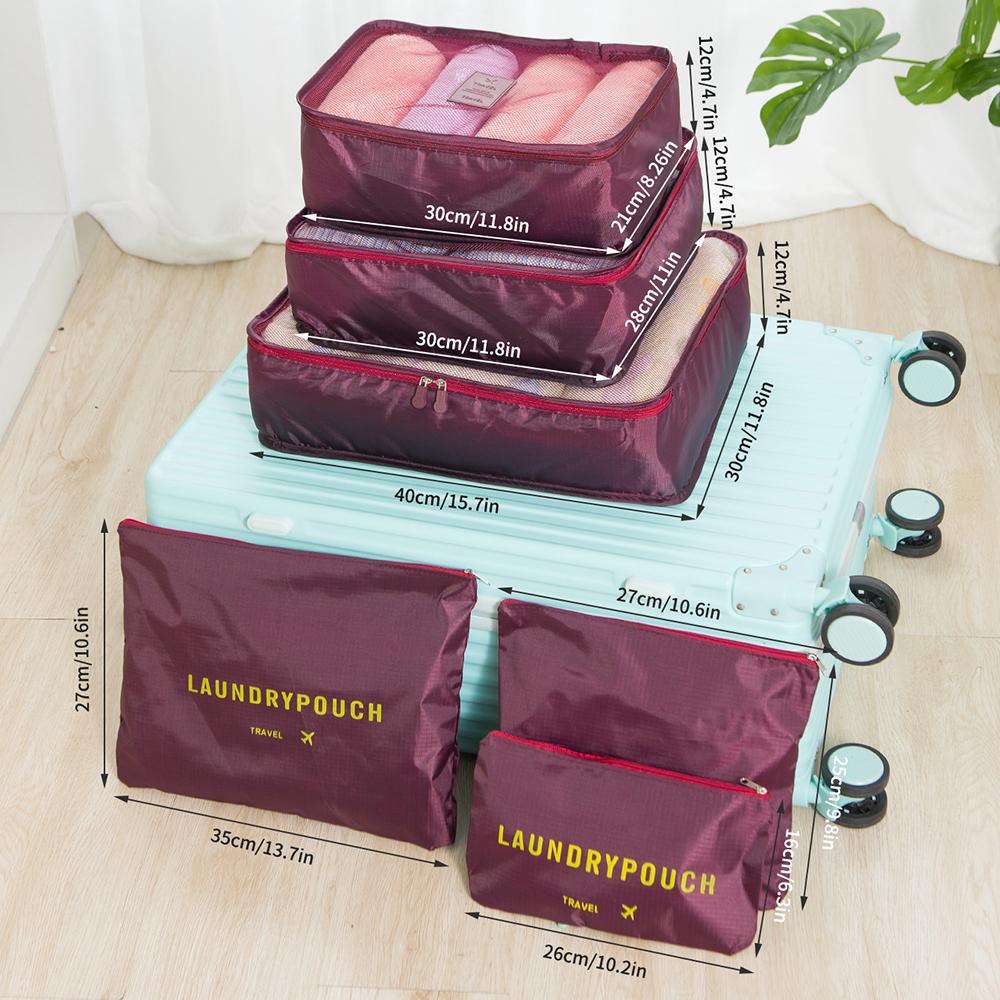 6-Piece Travel Storage Bag Luggage Group Travel Clothing Storage Bag Floral Fabric Clothing Sorting Bag Wine Red