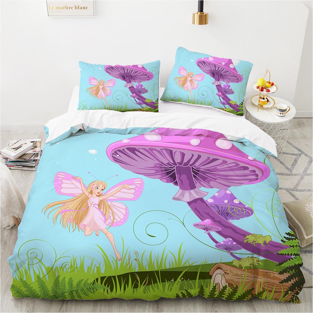 Mushroom Duvet Cover Set King Queen Size Star Purple Blue Trippy Mushroom Pattern Cartoon Polyester Bedding Set for Kid Boy Girl
