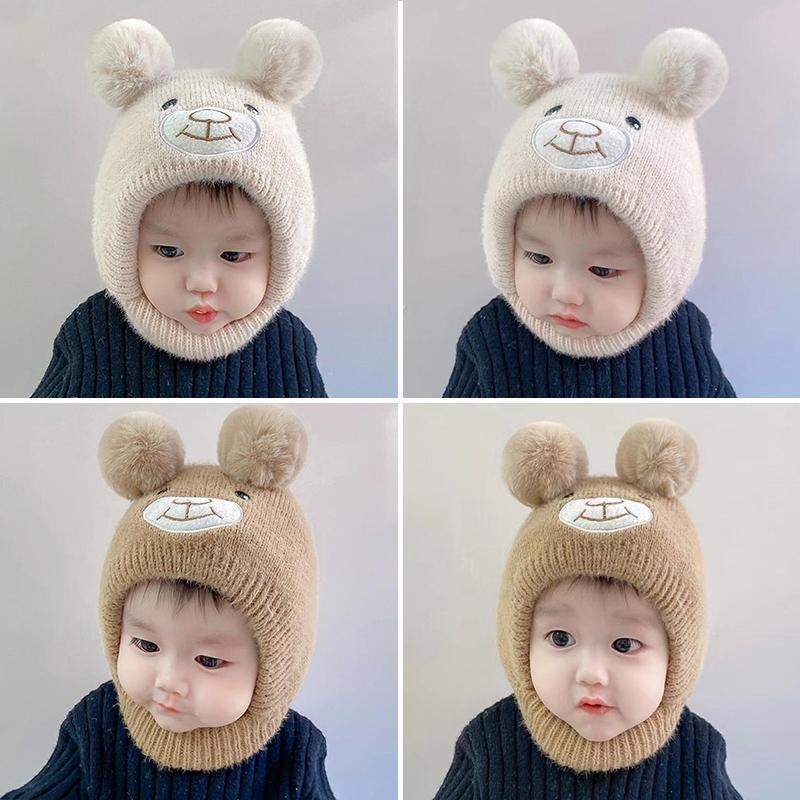 Cute Cartoon Bear Baby Hat Scarf Winter Warm Double Pompom Ear Protection Hats Bonnet Newborn Toddler Boy Girl Beanies