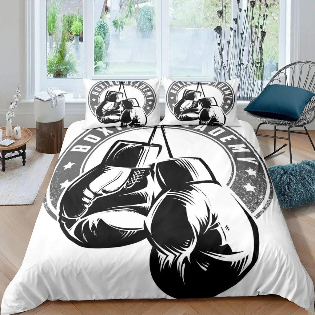Boxing Sport Duvet Cover King Queen Golden Boxing Gloves Bedding Set Yellow Fire Print Comforter Cover Microfiber Quilt Cover
