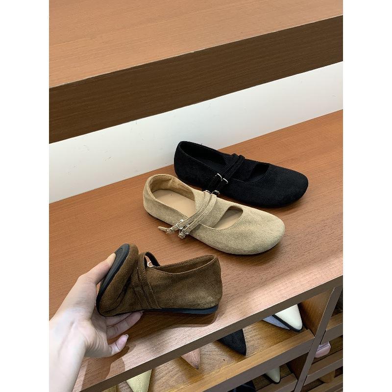 Round head soft sole double buckle with suede single shoes season ballet with skirt Mary Jane shoes