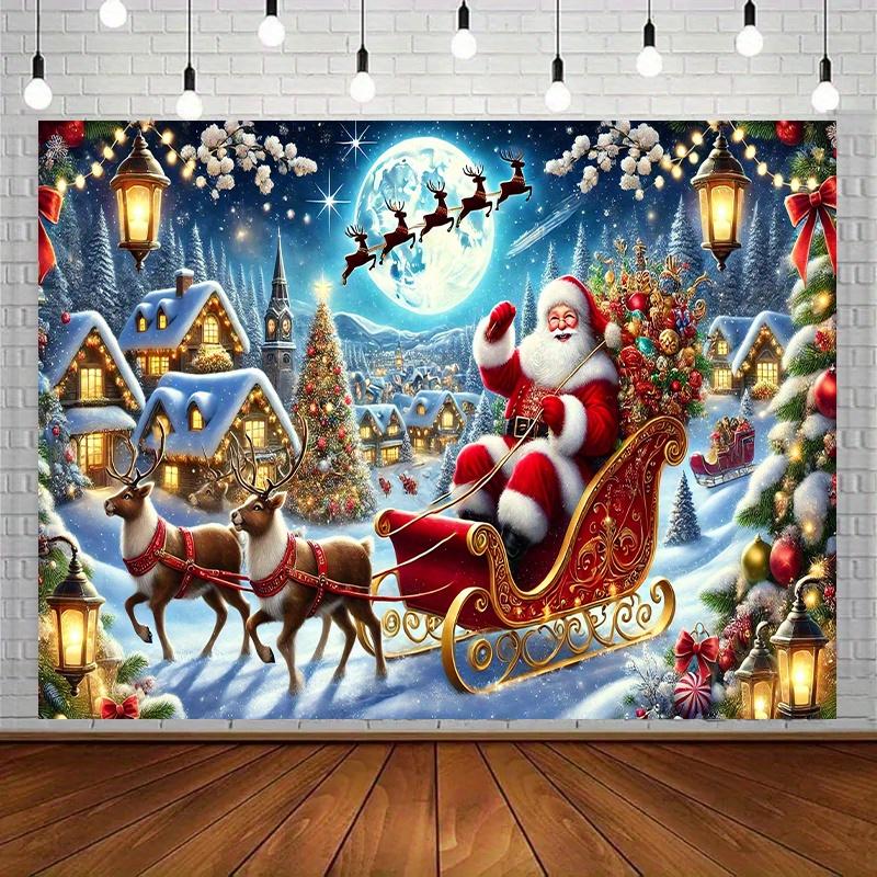 Santa Claus Reindeer Village Tapestry, Snowy Winter Scene with Bunting Lights Wall Art for Indoor Outdoor Holiday Decor