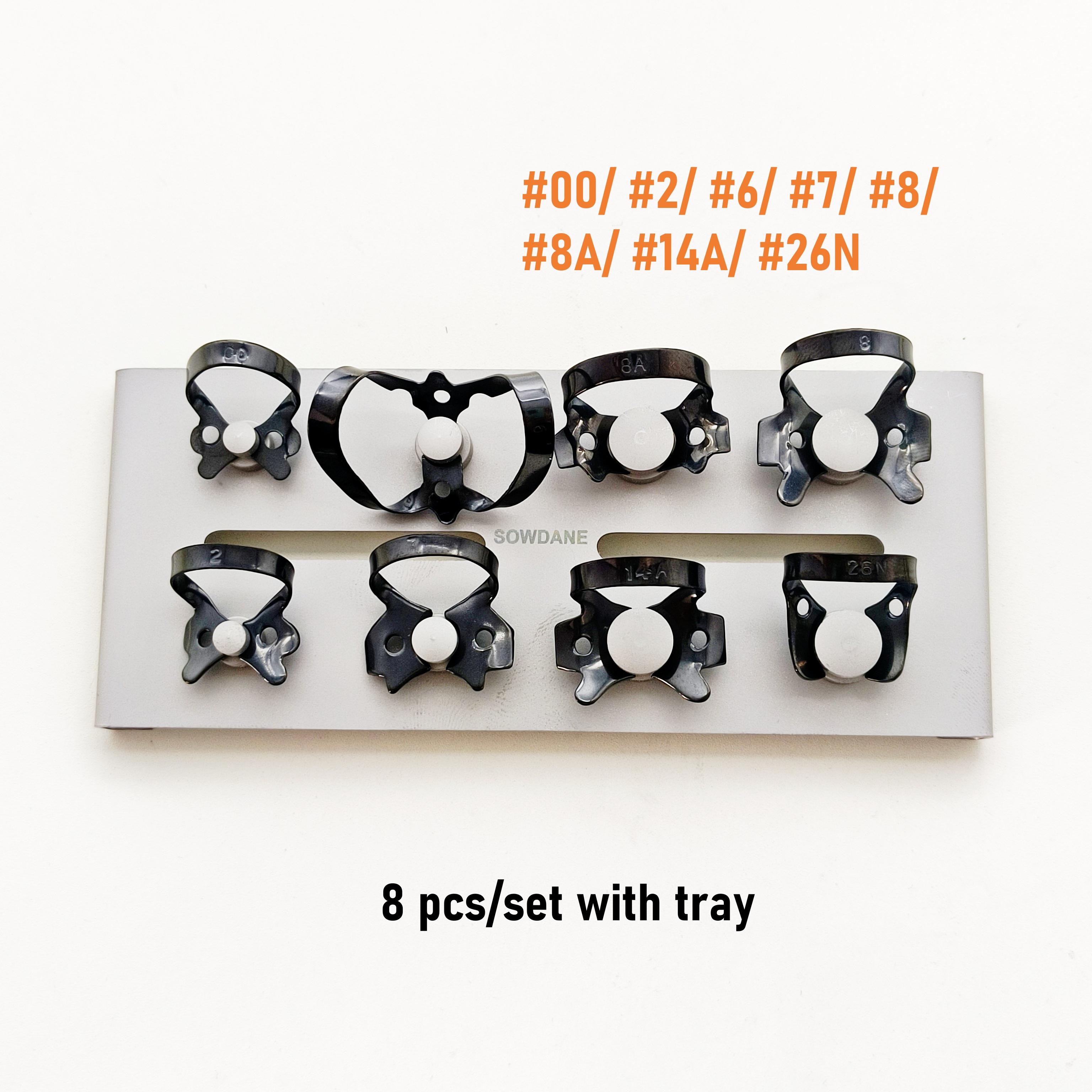 

8 шт./комплект с титановым покрытием, черные стоматологические резиновые зажимы для коффердама, эндодонтические реставрационные барьерные зажимы с держателем или без него 8 pcs black and tray