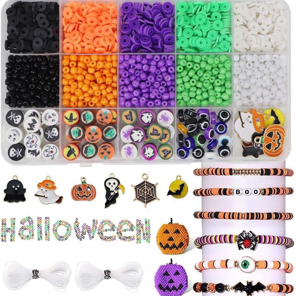 2086Pcs Halloween Clay Beaded Bracelet Making Kit Ghost Pumpkin Bat Pendant Kit Diy Ornament