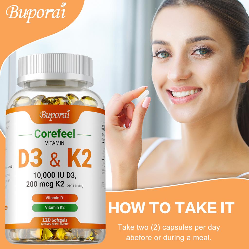 Vitamin D3 K2 Softgels 10000 IU 200 mcg 120 Count — Bone Health, Immune Support, Calcium Absorption