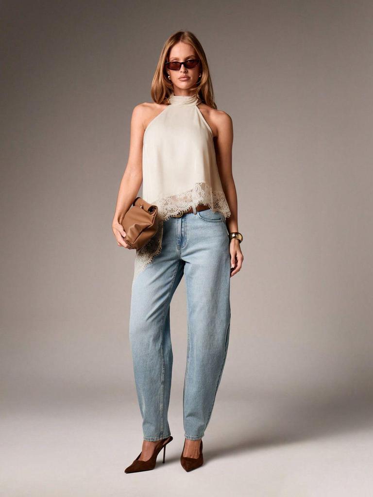 European & American Women's Summer Satin Halter Top with Lace Trim