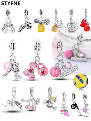 Charms Plata Copper Colors Pink Heart Basketball Bead Charm Pendant For Original Bracelet For Women Diy Jewelry Love Gift