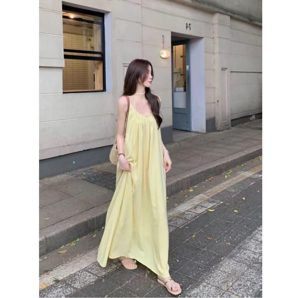 French Seaside Yellow Strappy Women's Long Summer Dress - Casual Beach Fairy Style