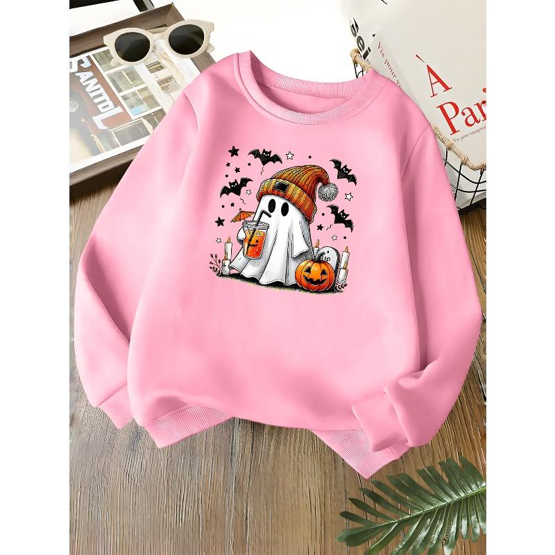 Kids Unisex Crewneck Sweatshirt, Cute Knit Hat Ghost Pumpkin Bat Halloween Print Soft Fleece Long Sleeve Pullover For Boys Girls Over 4 Years Old