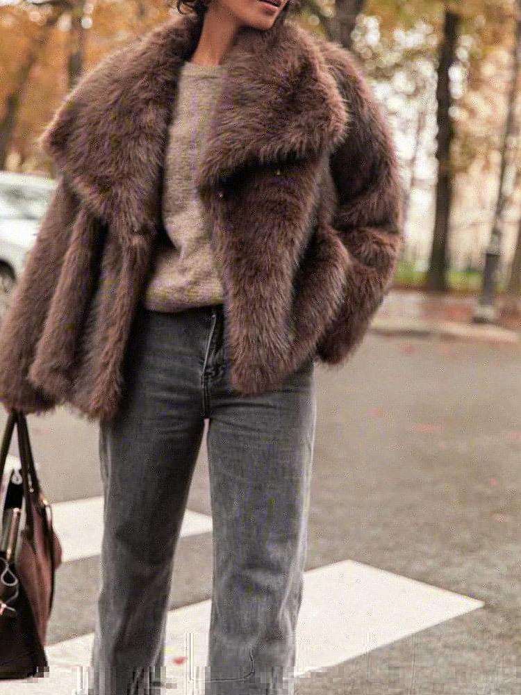 Kaffee Plüsch Kunstpelzmantel mit großem Revers - Warm, modisch, lockere Passform für Herbst/Winter