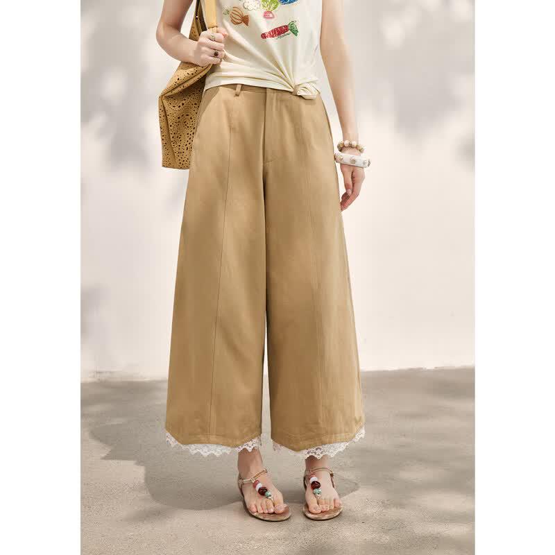 Women s Elegant Lace Splicing Cropped Wide-Leg Pants L