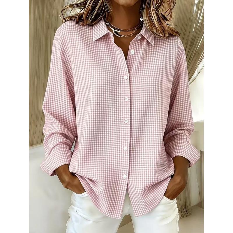 European beautiful women's new versatile lapel long-sleeved plaid shirt European and American four seasons fashion women's clothing