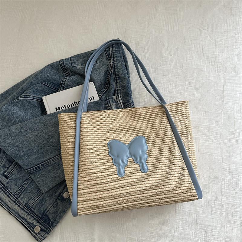 

Fashionable Large Capacity Woven Tote Bag For Women Available In Brown Black Pink Blue синій