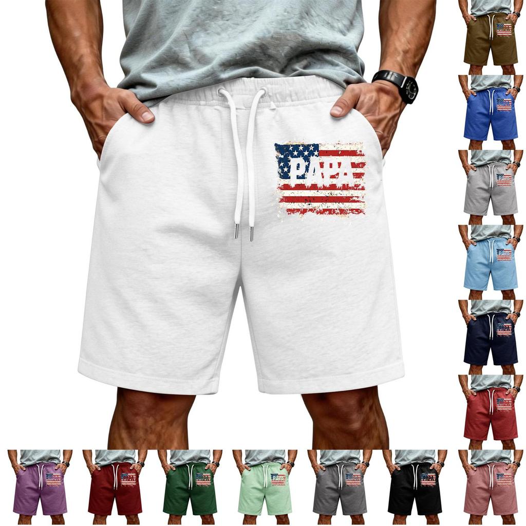 Men Drawstring Waist Casual Shorts with Flag Print Relaxed Fit Lightweight Soft Fabric Elastic Waistband for Daily Wear