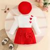 European and American Baby Girl 0-3 Years Old Long Sleeve Pit Loving Top Button Bow Split Skirt Beret Set Sweet Solid Color