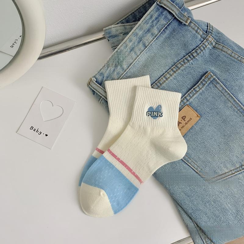 

Весенне-летние короткие носки, тонкие хлопковые носки для девочек в стиле колледжа с синей вышивкой, носки до середины икры для студентов 1 pair