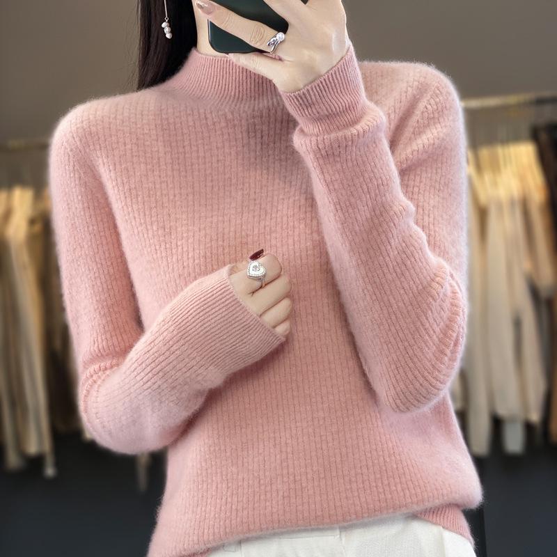 Women's Slim-Fit Long-Sleeve Wool Base Layer Sweater – Soft High-Neck Knitwear for Autumn and Winter