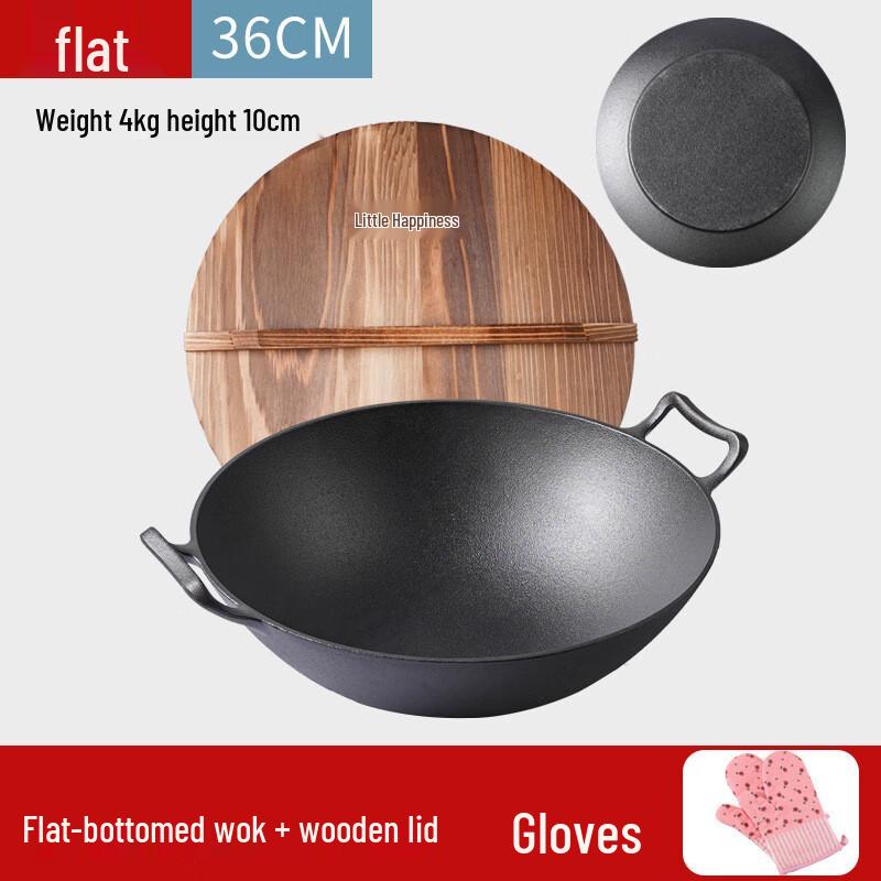 ZISIZ Traditional Cast Iron Flat Bottom Wok