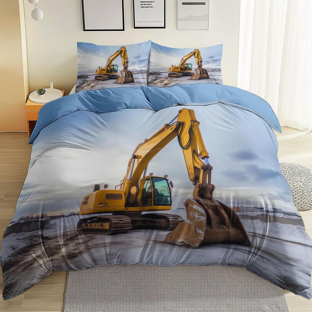 Kids Single Duvet Cover Set for Boys, Cartoon Car Tractor Excavator Bedding for Teenage Boy, Equipment Trucks Quilt Cover set