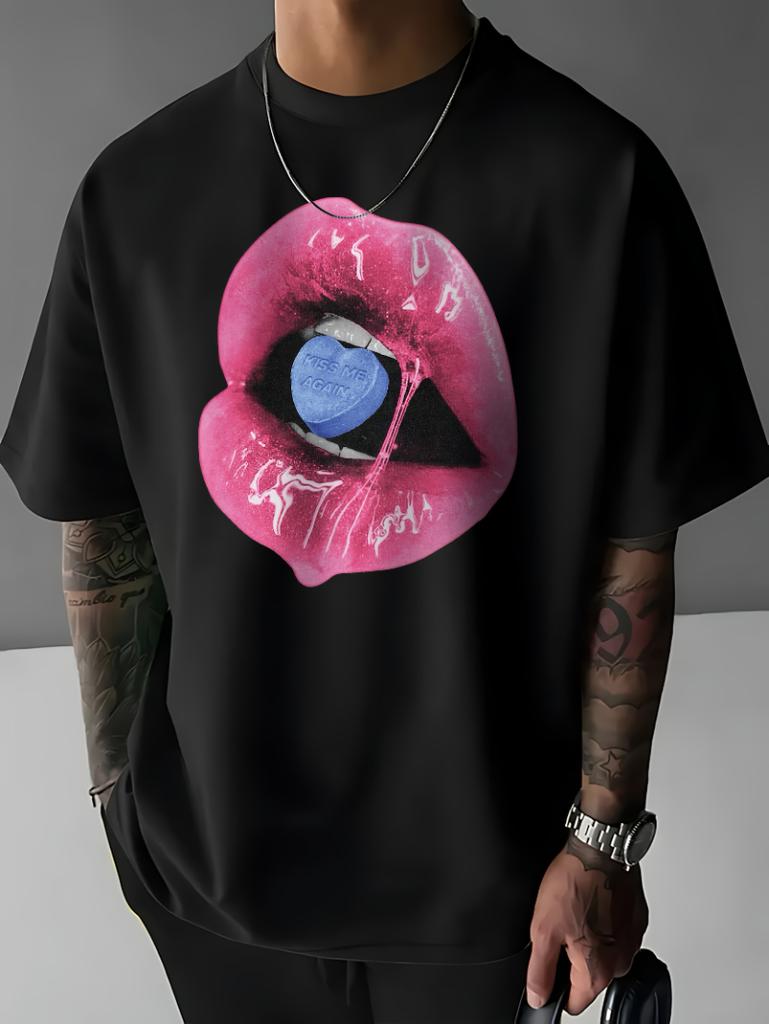 Kiss Me Again Mens Fashion Printed Cotton Casual Short Sleeved Tshirt for Spring and Summer Comfortable Round Neck Tshirt