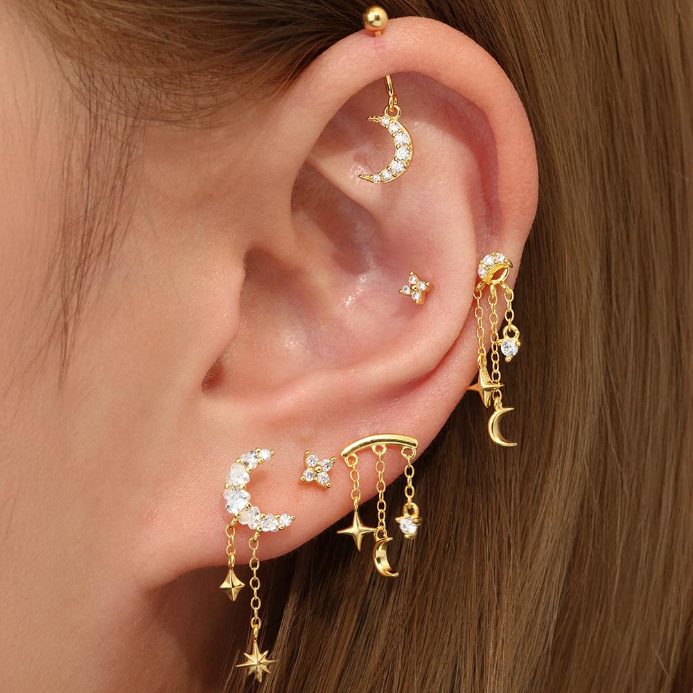 BOAKO 925 Silver Star Moon Chain Tassel Earrings for Women Fashion Luxury Fine Jewelry Dainty Piercing