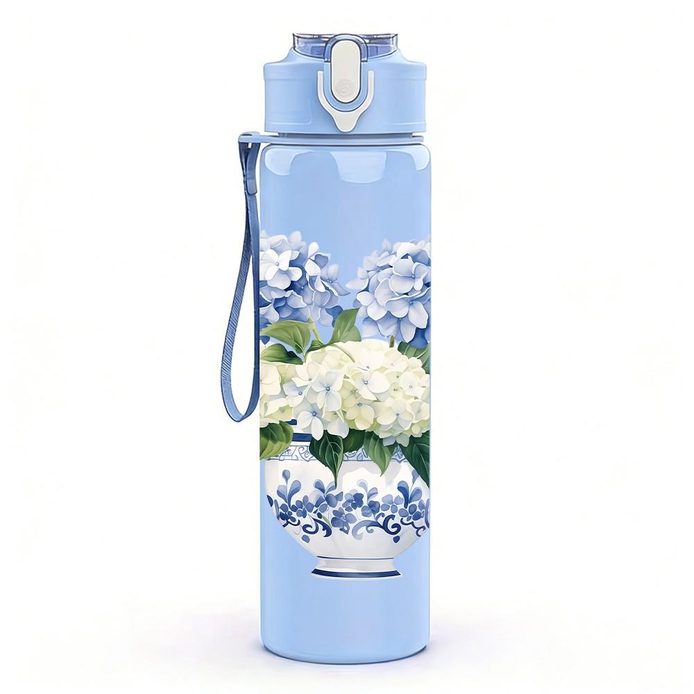 1PC White Floral Vase Vintage Pattern 750ml Color Plastic Sports Water Bottle Leakproof Flip Straw Lid Suitable for Sports Office Home Use