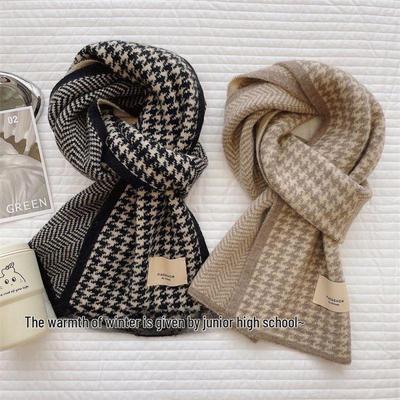 Women's Korean-Style Houndstooth Wool Scarf - Warm & Versatile for Autumn/Winter