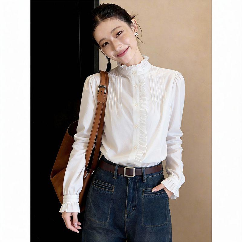 La Chapelle 7m2026 Spring Stand Collar Ruffled Edge Office Commuting High-End Elegant Fashionable Women s Shirt Top White Shirt S