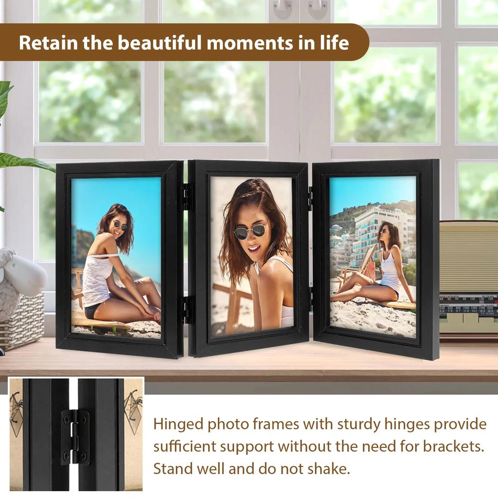 Triple Photo Frame 180° Foldable Hinged Picture Frame Stand Vertically on Desktop Photo Frame Glass Front Black Photo Frame
