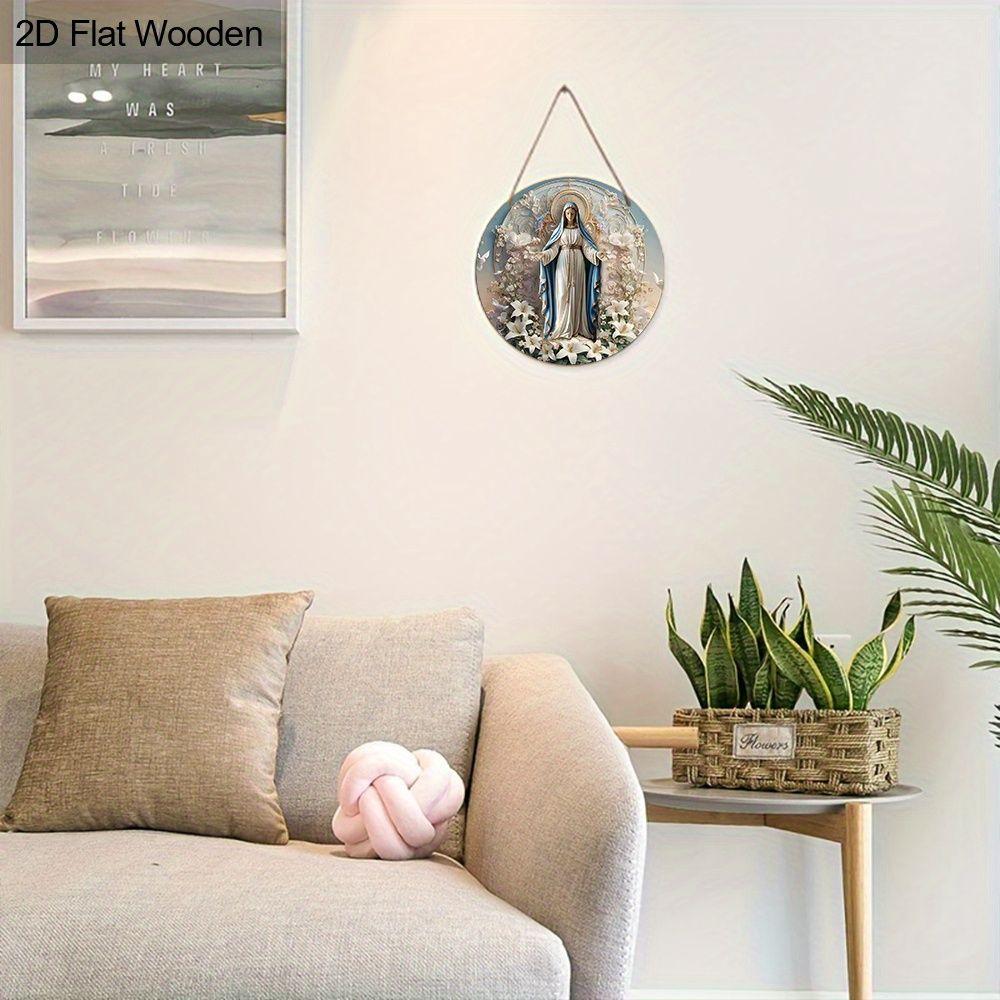 Virgin Mary White Lily Round Wooden Hanging Sign, 2D Flat Printed Religious Wall Door Ornament, Christian Faith Home Decor Gift