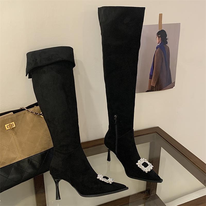 Mi Ting high boots temperament pointed rhinestone square buckle knee boots women can wear more high-heeled American thin boots