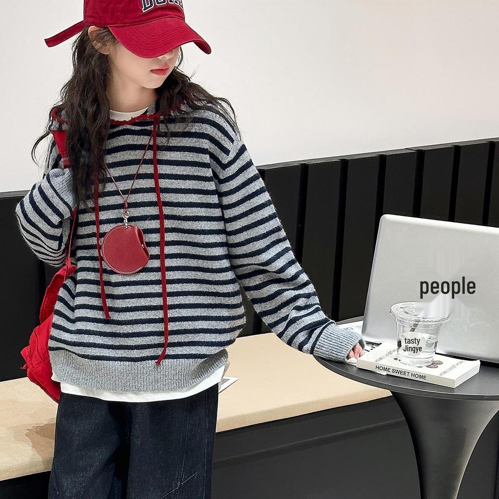 Mädchen Strickjacke mit Streifen und Kapuze für Frühling und Herbst 2025