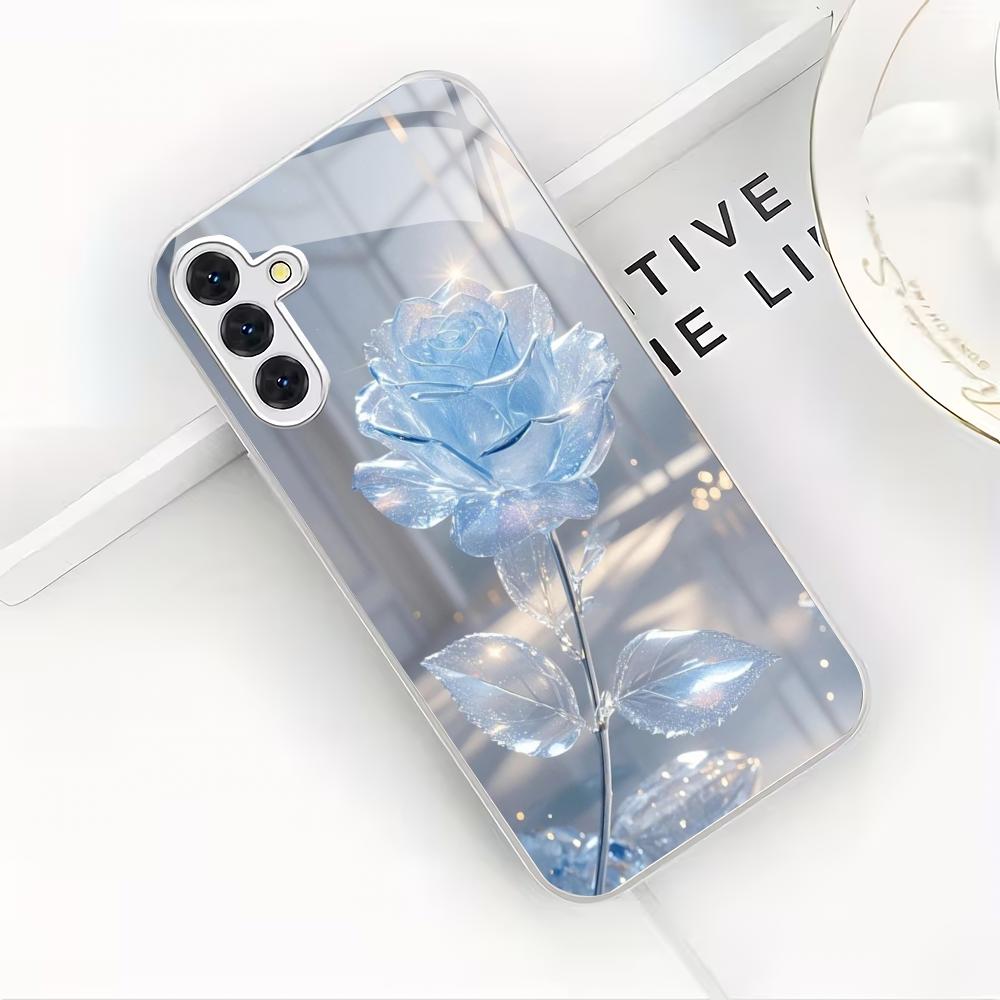 Crystal Flower Silver Plated Glass Phone Case Suitable for Samsung Galaxy S26 S25 S24 S22 S21 S20FE/Ultra/Plus Scratch Resistant