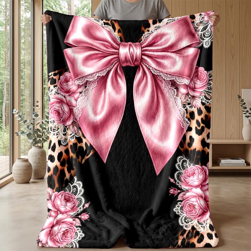 Pink Roses and Bow 1 Theme blanket Lightweight Warm Flannel Blanket Decorative Throw Blanket for Home Decoration